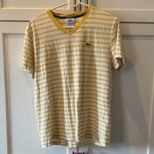Lacoste Men’s Yellow & White Striped V‑Neck Tee